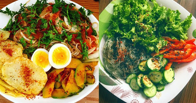 Miến dong trộn salad (trái); Miến tươi ăn kèm rau củ (phải)