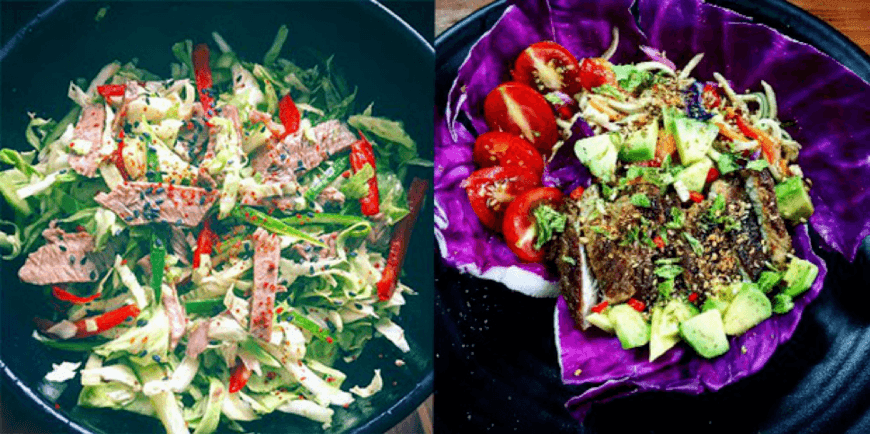 Salad bắp cải, ớt chuông và thịt bò (trái); Salad bắp cải tím, bơ, cà chua và thịt heo áp chảo (phải).